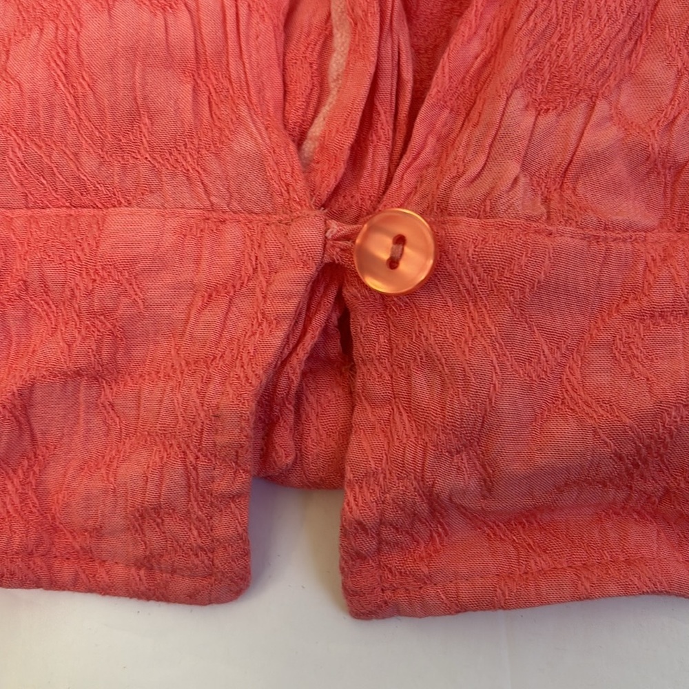 Vintage pink smocked open back cropped short sleeve button down relaxed blouse M - Picture 7 of 14